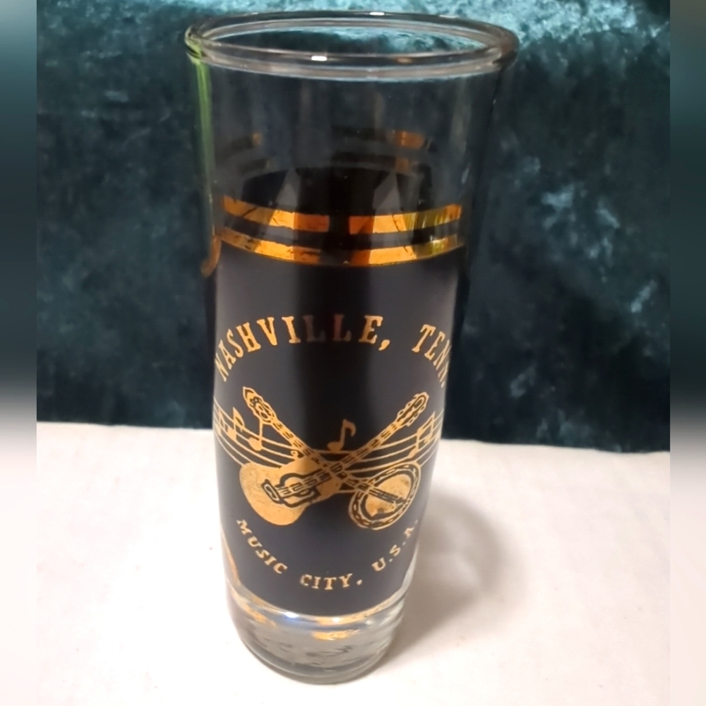 Music City Tall Shot Glass Nashville, Tn USA Embossed Gold & Black